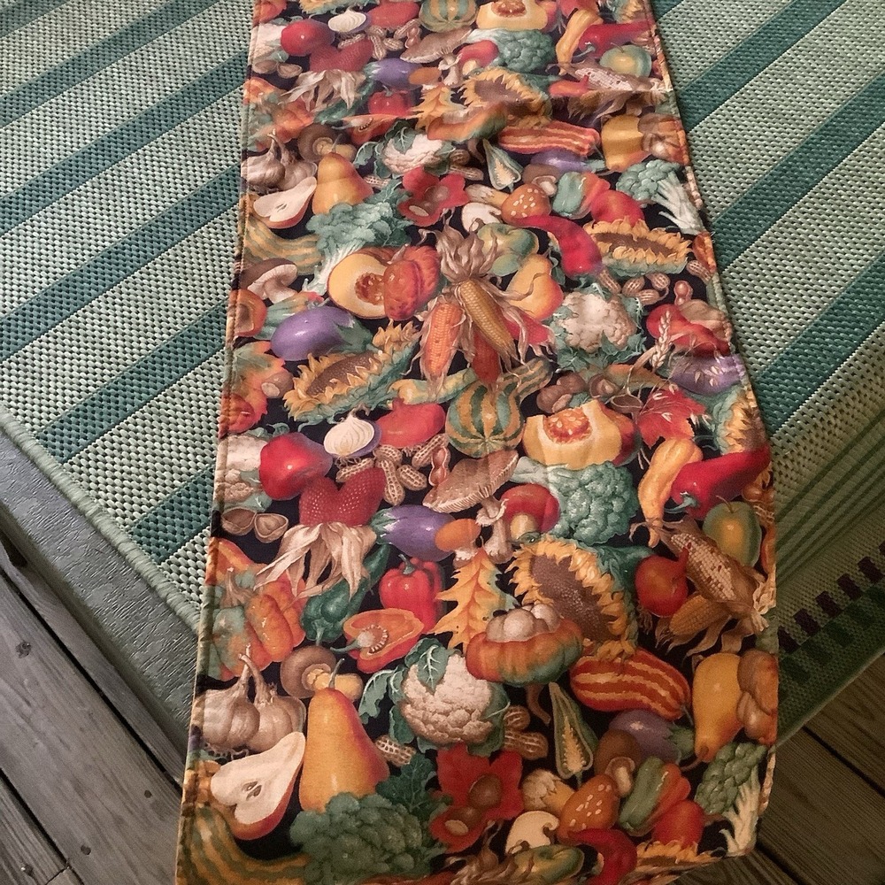 Fall Harvest Table Runner 70 x 13.5 Pumpkins Sunflowers Vegetables Tassels